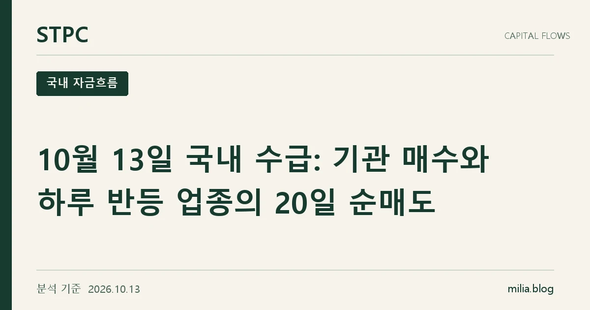 STPC 국내 자금흐름 — 10월 13일 국내 수급: 기관 매수와 하루 반등 업종의 20일 순매도. 분석 기준 2026.10.13.