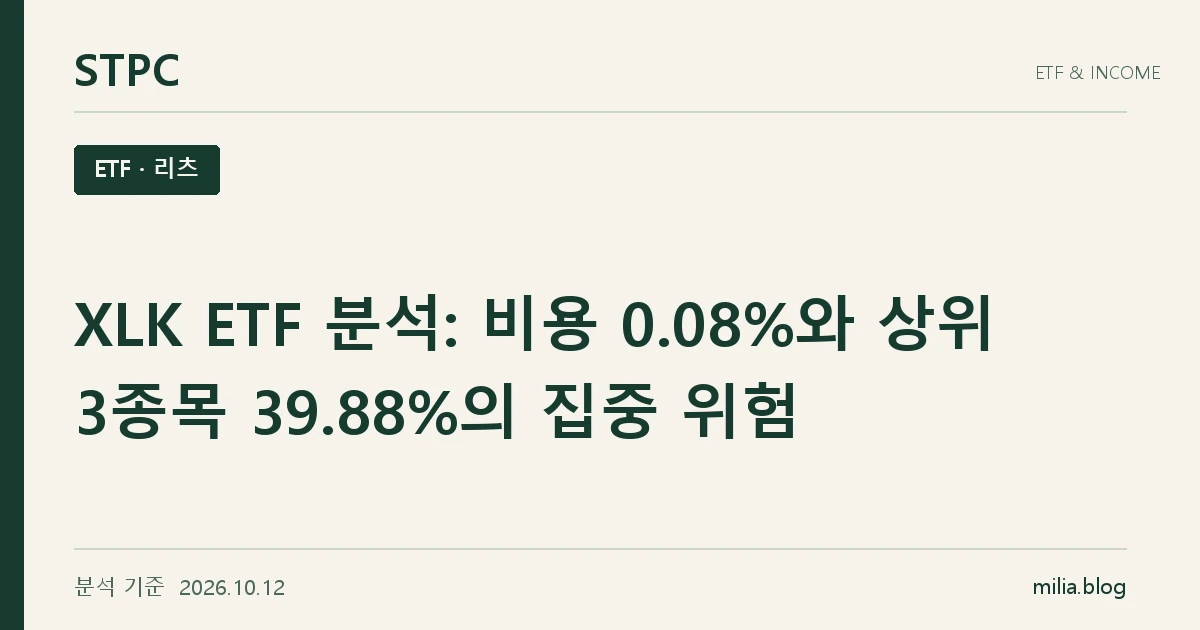 STPC ETF · 리츠 — XLK ETF 분석: 비용 0.08%와 상위 3종목 39.88%의 집중 위험. 분석 기준 2026.10.12.
