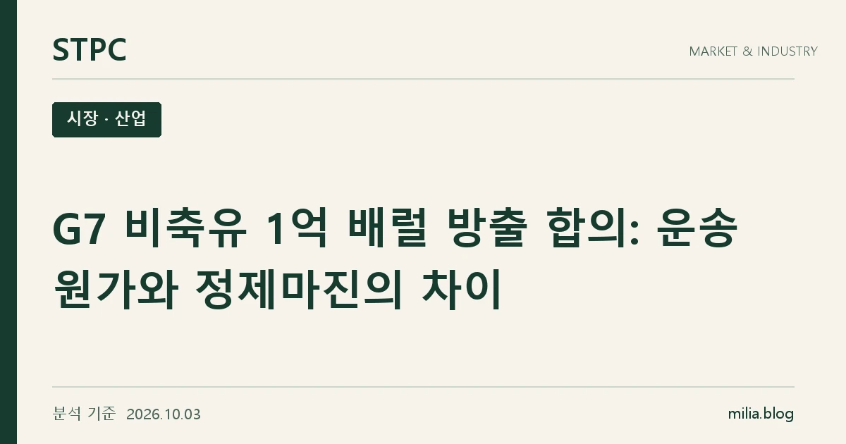 STPC 시장 · 산업 — G7 비축유 1억 배럴 방출 합의: 운송 원가와 정제마진의 차이. 분석 기준 2026.10.03.
