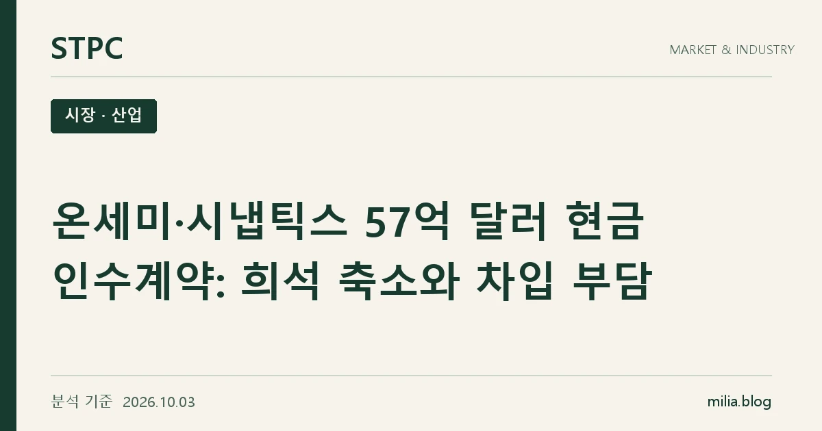 STPC 시장 · 산업 — 온세미·시냅틱스 57억 달러 현금 인수계약: 희석 축소와 차입 부담. 분석 기준 2026.10.03.