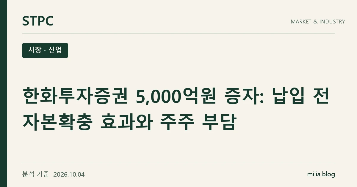 STPC 시장 · 산업 — 한화투자증권 5,000억원 증자: 납입 전 자본확충 효과와 주주 부담. 분석 기준 2026.10.04.