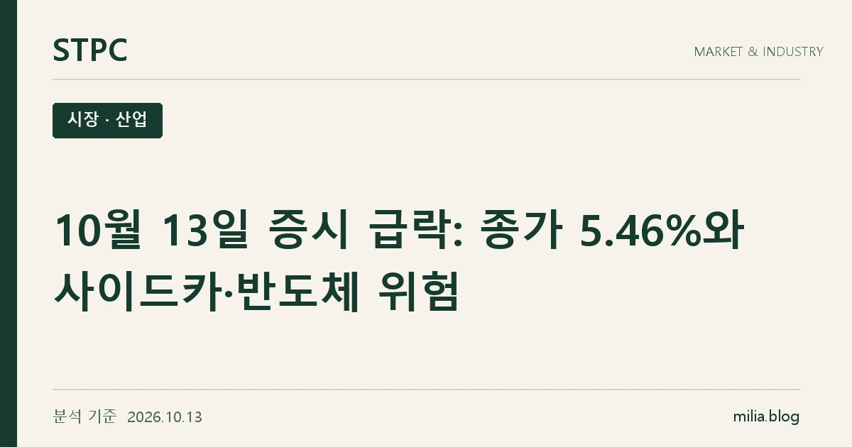 STPC 시장 · 산업 — 10월 13일 증시 급락: 종가 5.46%와 사이드카·반도체 위험. 분석 기준 2026.10.13.